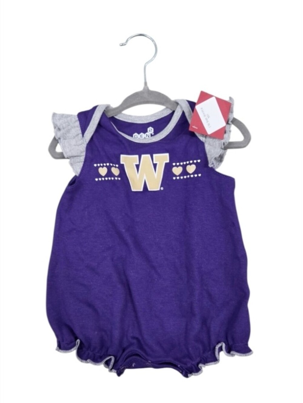 Gen 2 Size 0-3M Washington Huskies Purple Baby Romper with Grey Ruffle Sleeves